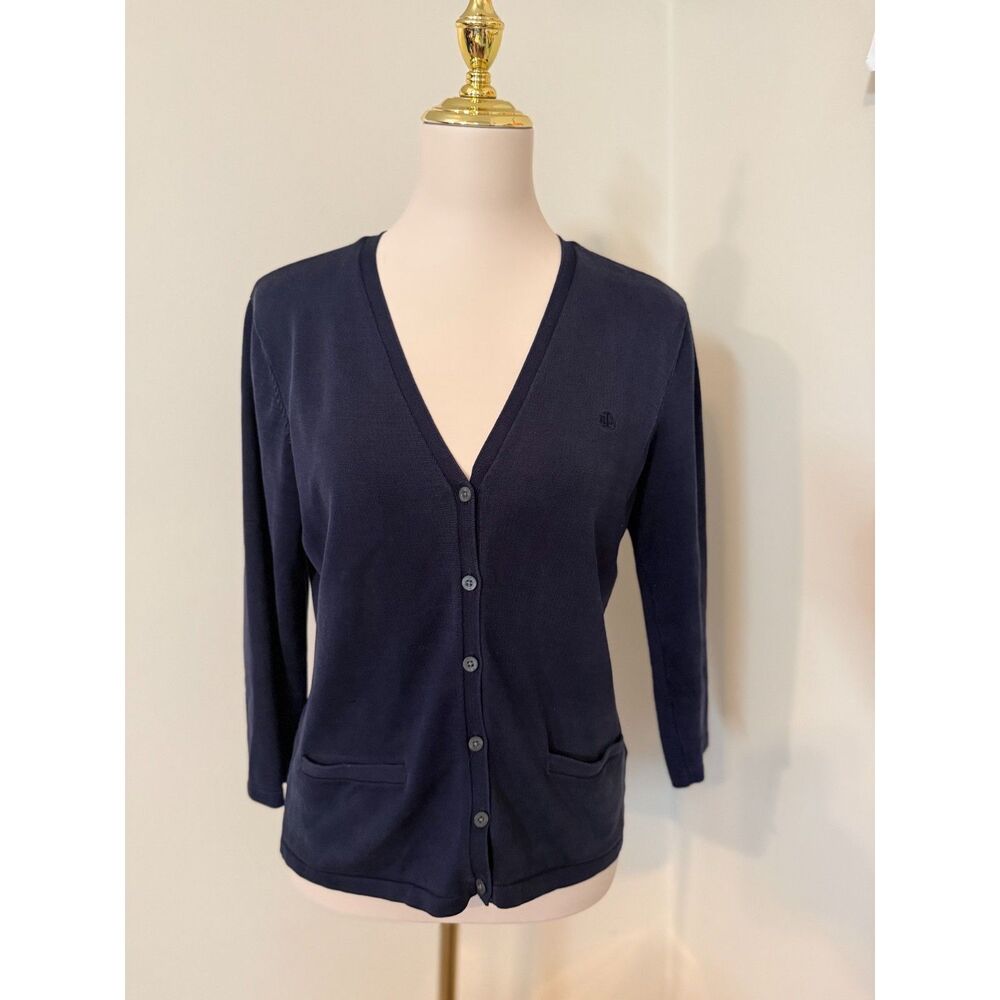 Lauren Ralph Lauren Silk Blend Cardigan Women’s M Navy V-Neck 3/4 Sleeve
